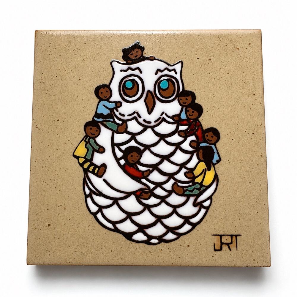 Jack & Cleo Teissedre Hand Glazed Ceramic Owl Wall Tile 6x6 Vintage Signed